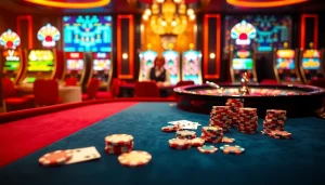 Scène captivante de jeu en ligne dans un casino en ligne luxueux, avec des éléments de roulette et de poker.
