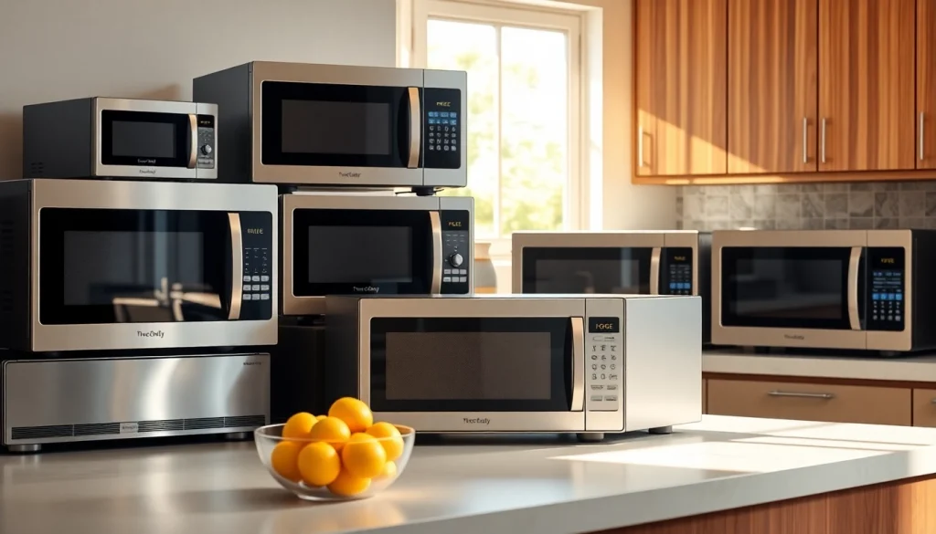 Showcase of diverse microwave oven sales in a modern kitchen setting, highlighting design and functionality.