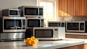 Showcase of diverse microwave oven sales in a modern kitchen setting, highlighting design and functionality.