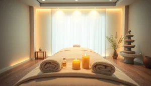 차분한 분위기와 편안한 요소가 어우러진 마사지 치료 설정.