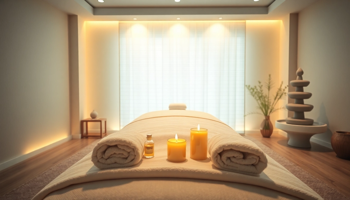 차분한 분위기와 편안한 요소가 어우러진 마사지 치료 설정.
