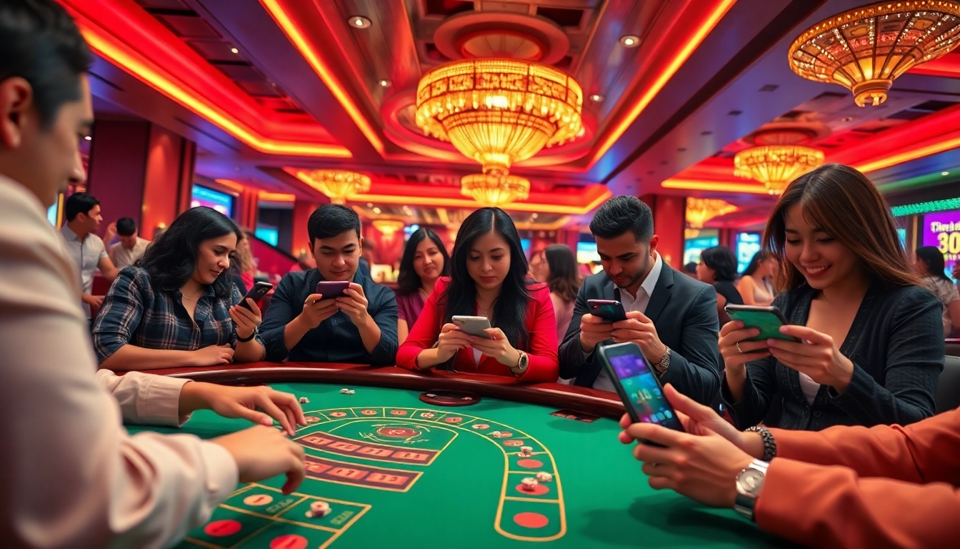 활기찬 카지노 환경에서 역동적인 온라인 게임 경험을 즐기는 바카라사이트의 참여한 플레이어들.