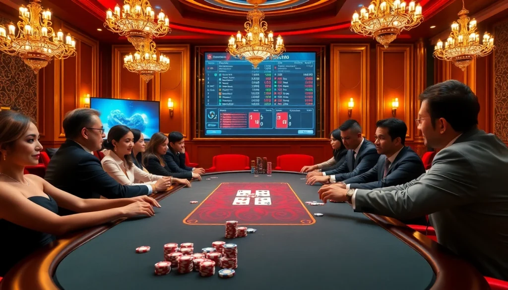 Experience excitement with IDN Poker at a luxurious online gaming table filled with vibrant chips and enthusiastic players.