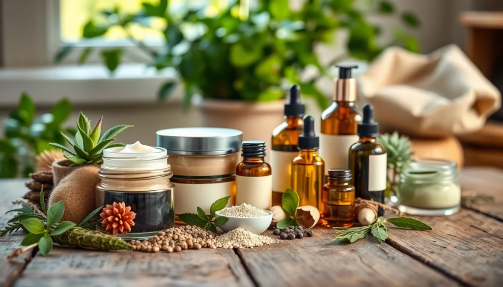 proizvodi prirodna kozmetika na drvenom stolu sa biljnim sastojcima