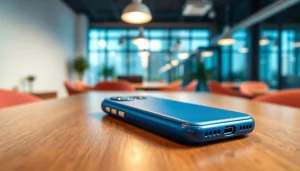 Handy Tasche abschließbar in einem eleganten Büroumfeld präsentieren.