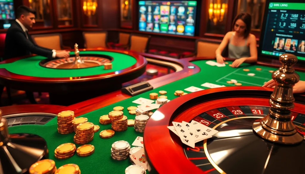 Jeu de poker palpitant avec des jetons et des cartes dans un cadre luxueux de casino en ligne.