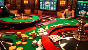 Jeu de poker palpitant avec des jetons et des cartes dans un cadre luxueux de casino en ligne.