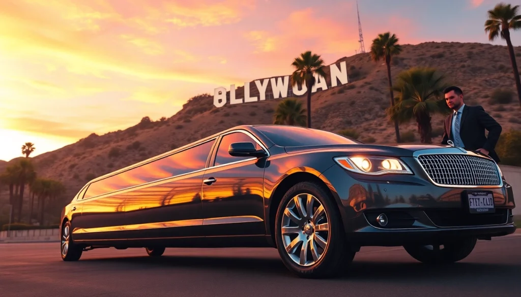 Luxurious LA limo service parked at the Hollywood sign during sunset.