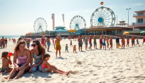 Experience leisure activities at https://myrtlebeachsc.com/ with diverse families enjoying the beach.