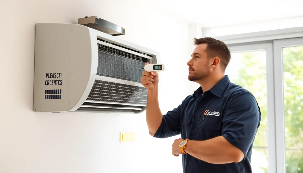 HVAC company canada technician inspecting an air conditioning unit in a well-lit home.