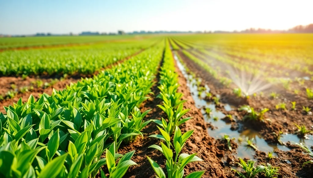 Land irrigation system nourishing green crops in a sunny agricultural field.