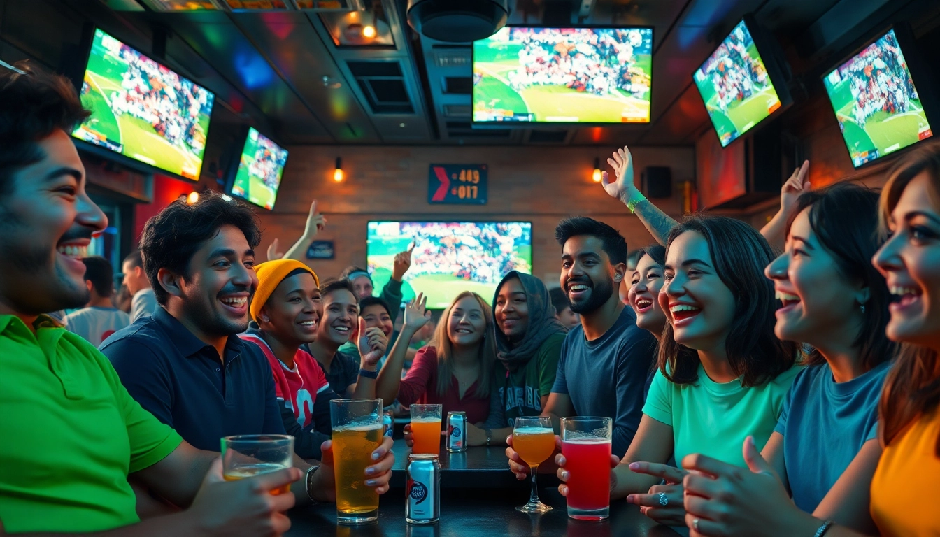 Excited sports fans enjoying live broadcasts of 토토티비 at a lively sports bar.