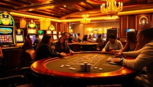 Players enjoying poker at a luxurious casino table featuring 123hero poker chips.