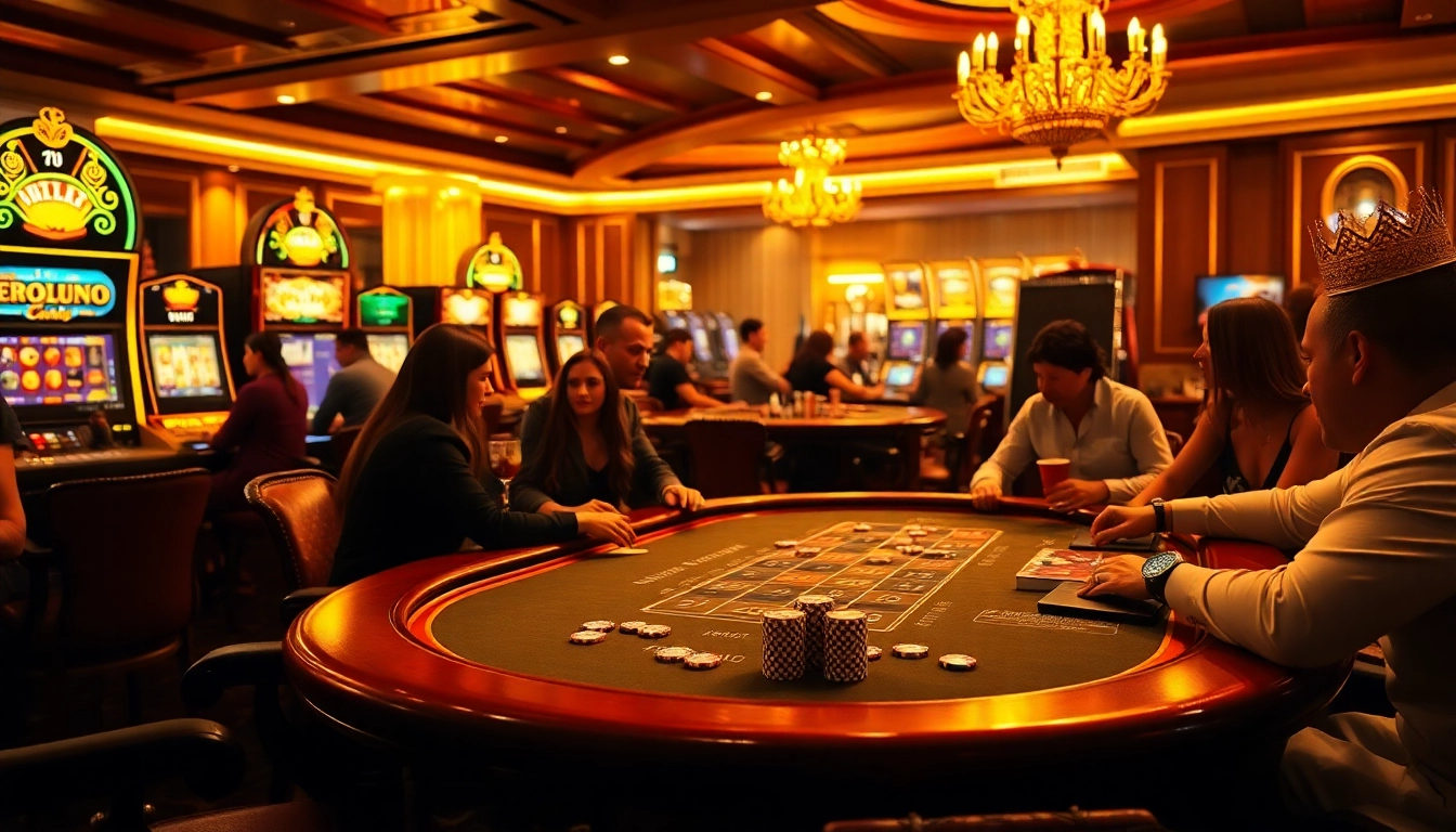 Players enjoying poker at a luxurious casino table featuring 123hero poker chips.