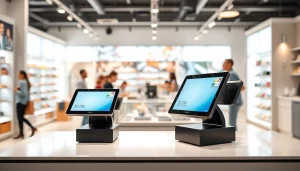 Engage with an advanced POS system in a sleek retail setting, showcasing its user-friendly interface.