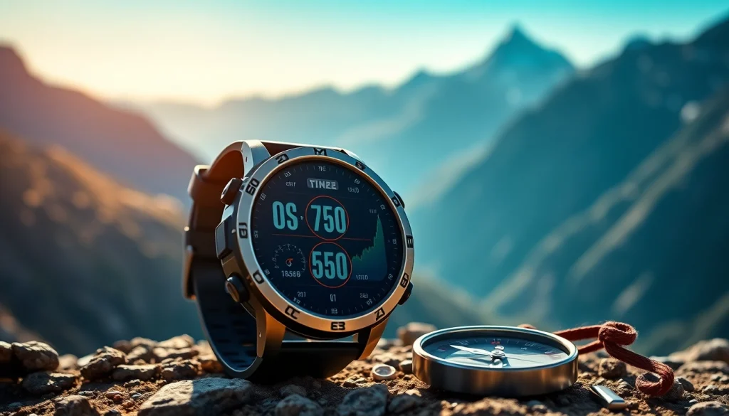 Engaging visual of Explorer GPS Smart Watch showcasing fitness metrics during an outdoor adventure.