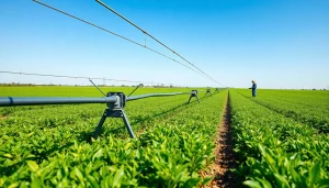 Efficient land irrigation system in vibrant green fields with a farmer inspecting equipment.
