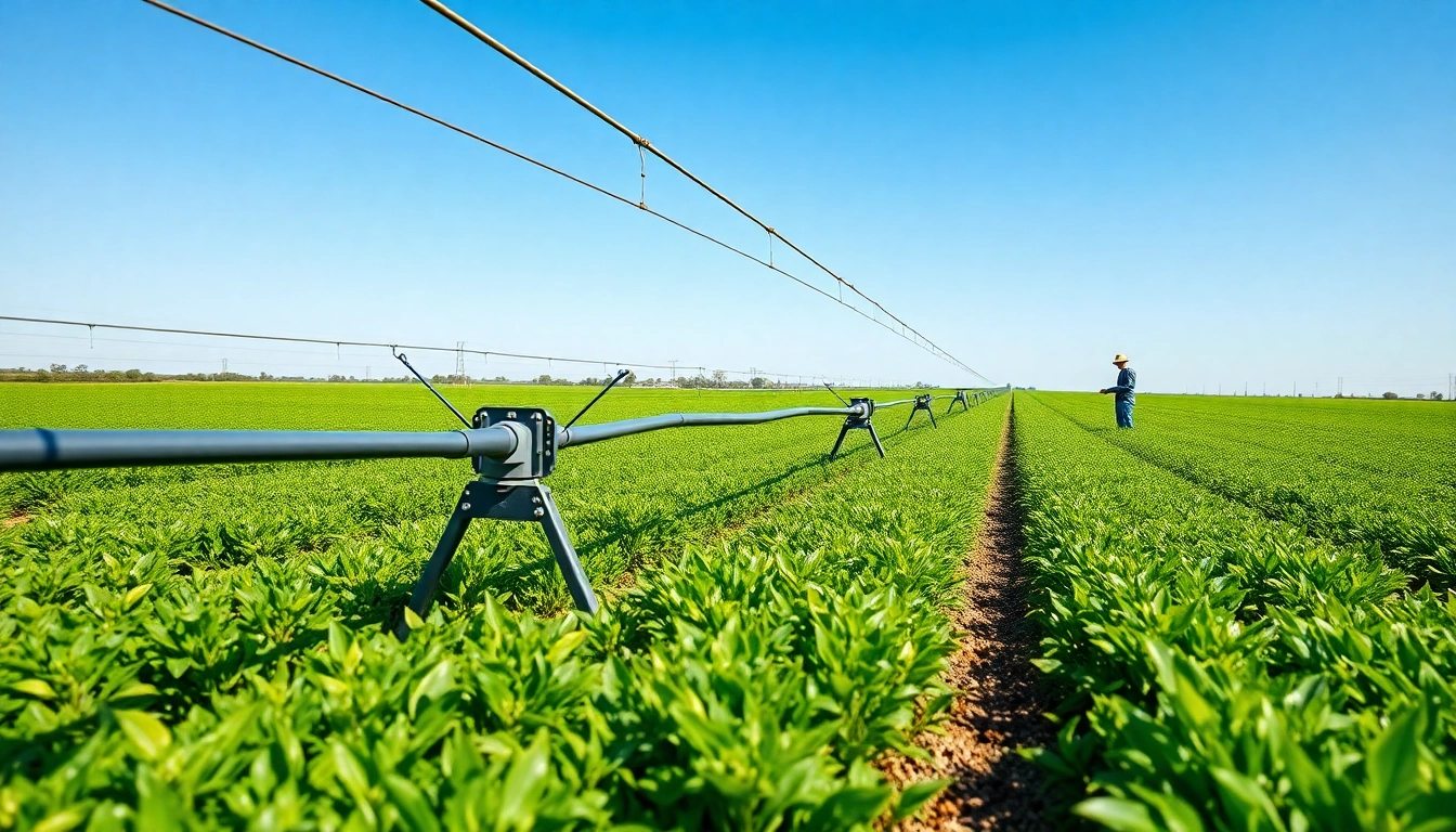 Efficient land irrigation system in vibrant green fields with a farmer inspecting equipment.
