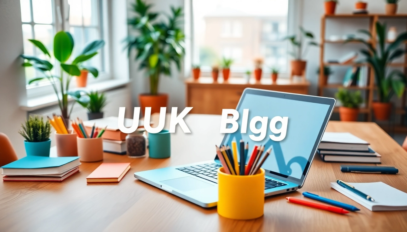 Capture of an inspiring workspace featuring a UK Blog setup with a laptop and vibrant stationery.