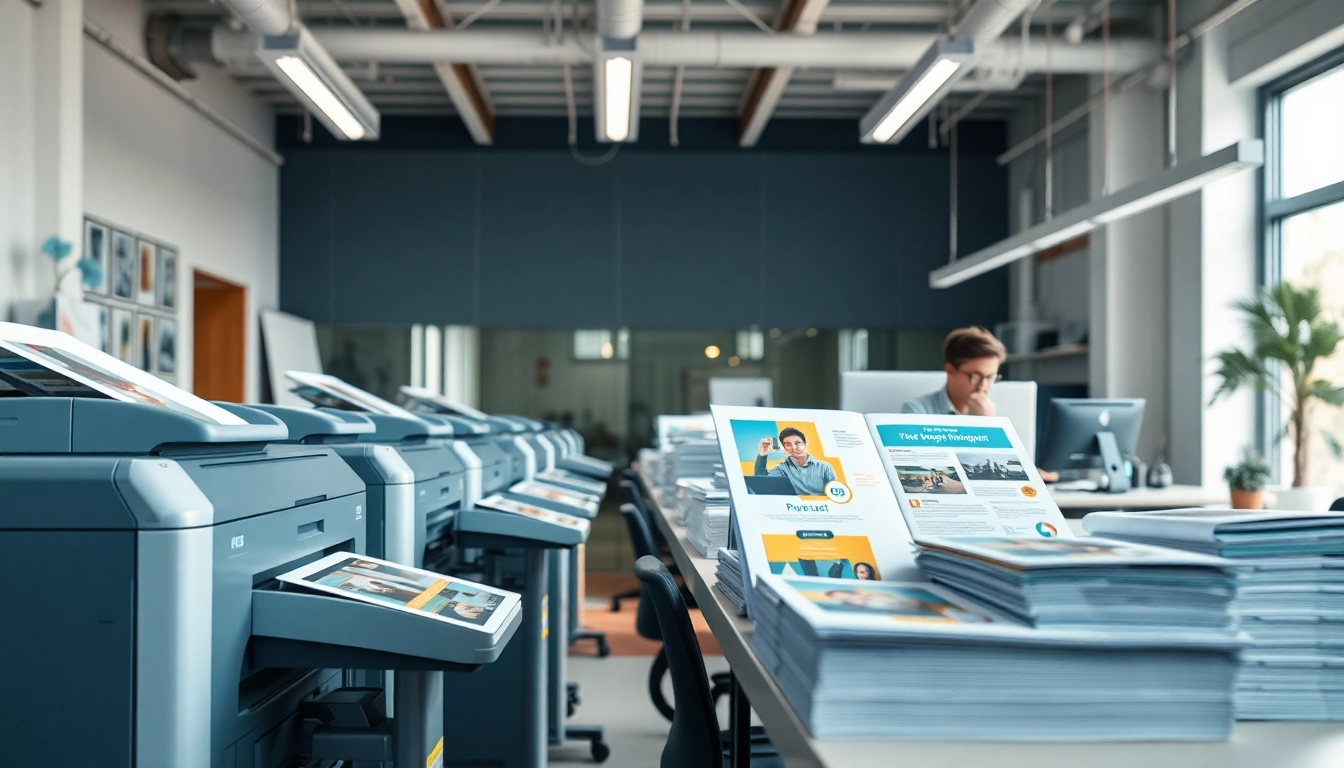 Showcasing budget printing edmonton ab services with printed materials and a designer in a bright office.