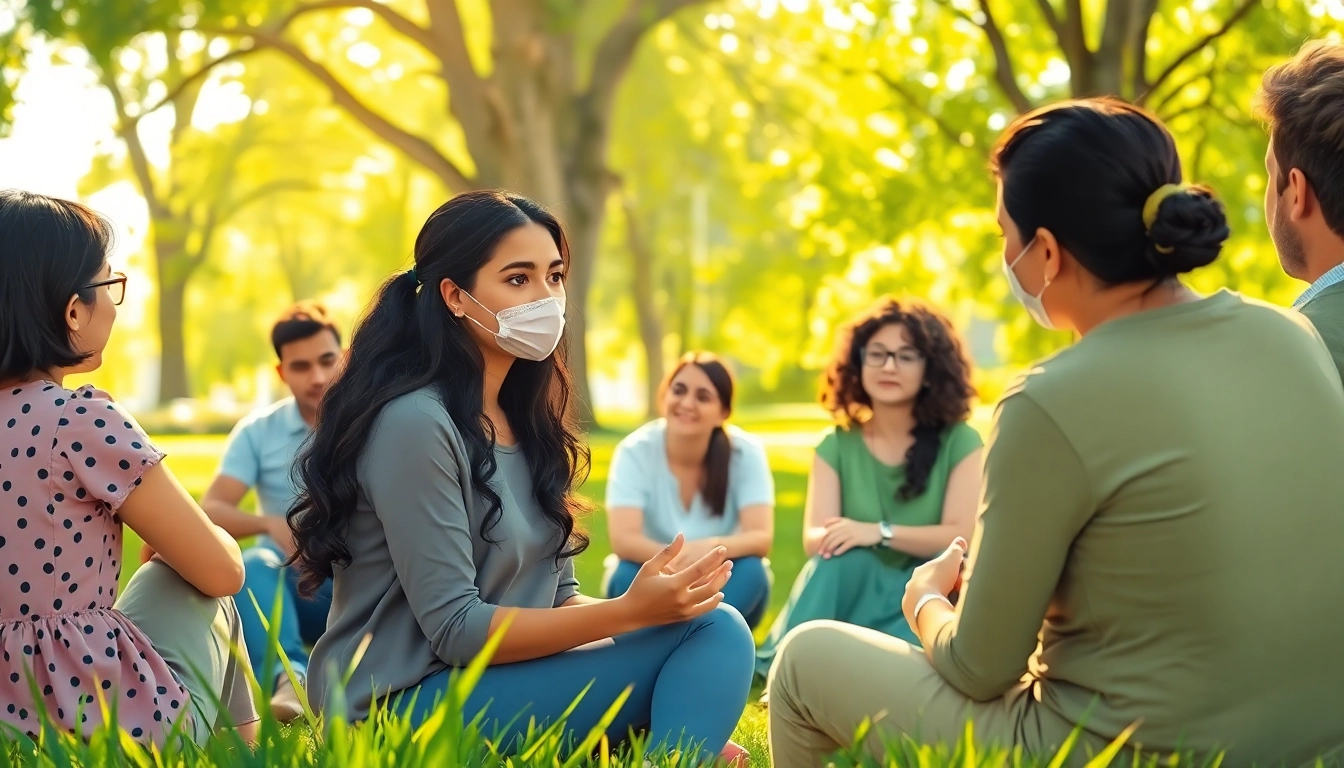 Promote mental health awareness through diverse group discussions in a serene park setting.