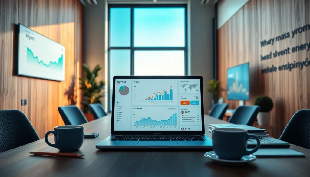 Klynt's interface displayed on a laptop in a vibrant digital marketing workspace with analytics.