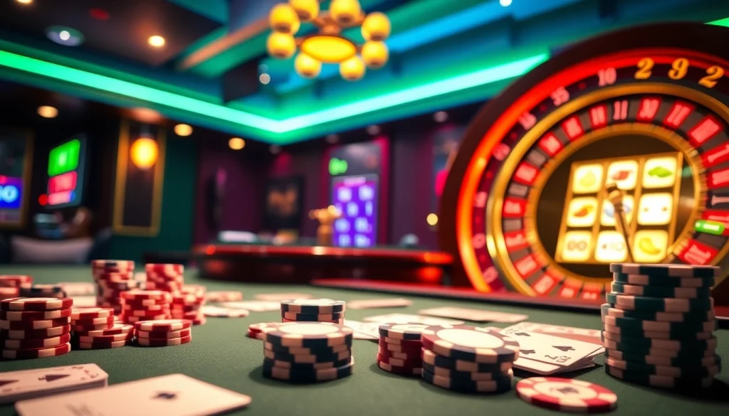 Experience exciting gameplay at cm88 with detailed poker chips and vibrant casino lights.
