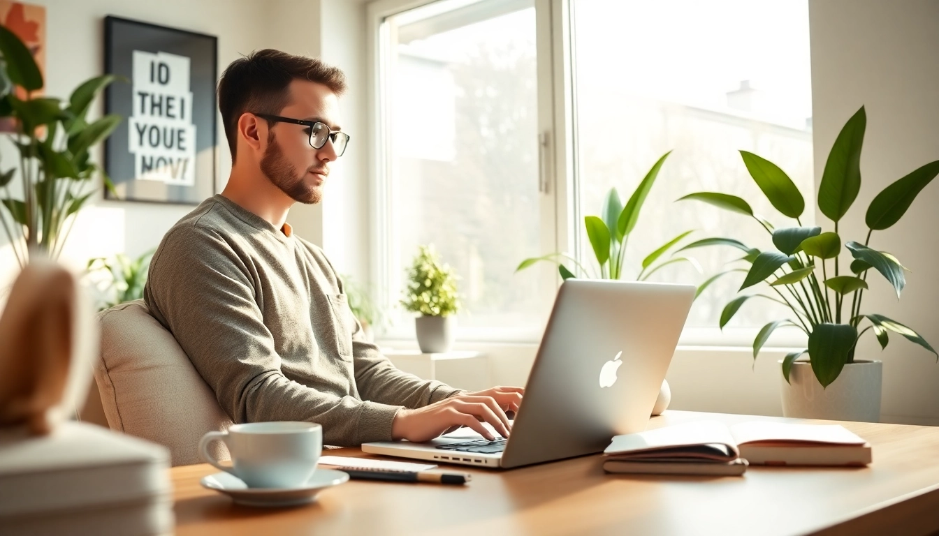 Programmer engaged in remote python jobs in a cozy home office with plants and natural light.