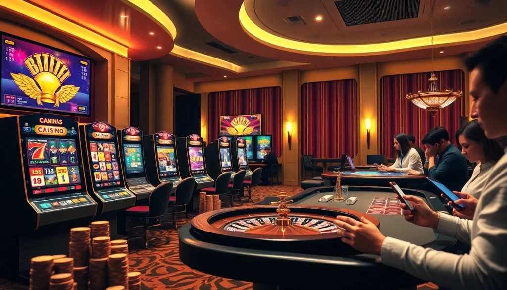 Scènes excitantes d'un casino en ligne présentant des machines à sous, des jetons de poker et une roulette dans un cadre luxueux.