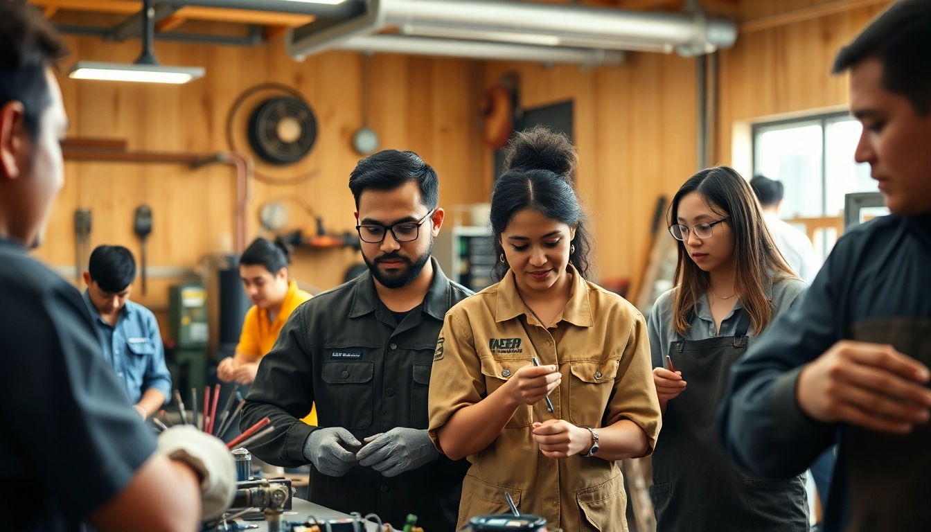 Students training in hands-on skills at a trade school Hawaii, engaged in various vocational tasks.