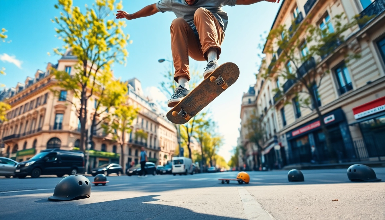 Pratiquer des Cours skate paris avec un skateboarder dynamique sur une rue animée.