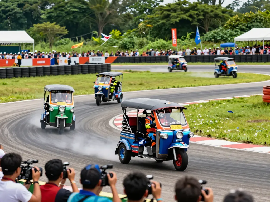 Tuk tuk showdown kenya racing scene with vibrant tuk tuks and cheering crowd during a thrilling competition.