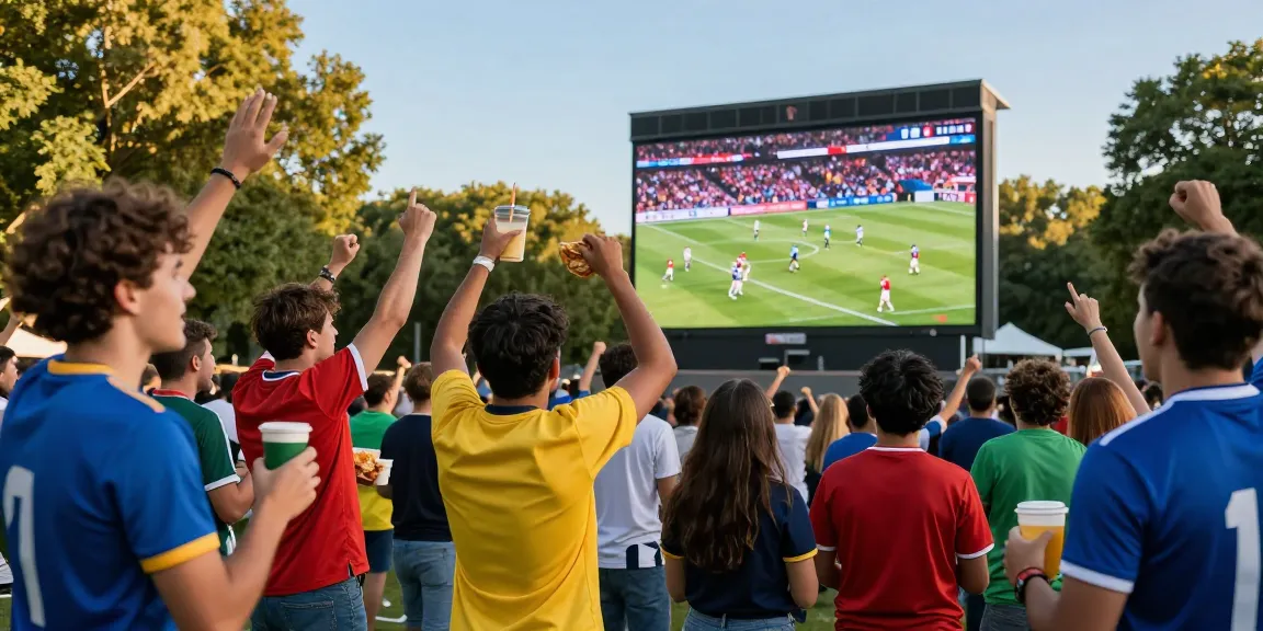 Penggemar live bola merayakan pertandingan sepak bola di taman dengan antusiasme tinggi.