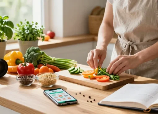 The best nutrition app displayed on a smartphone while a home cook prepares healthy meals in a bright kitchen environment.